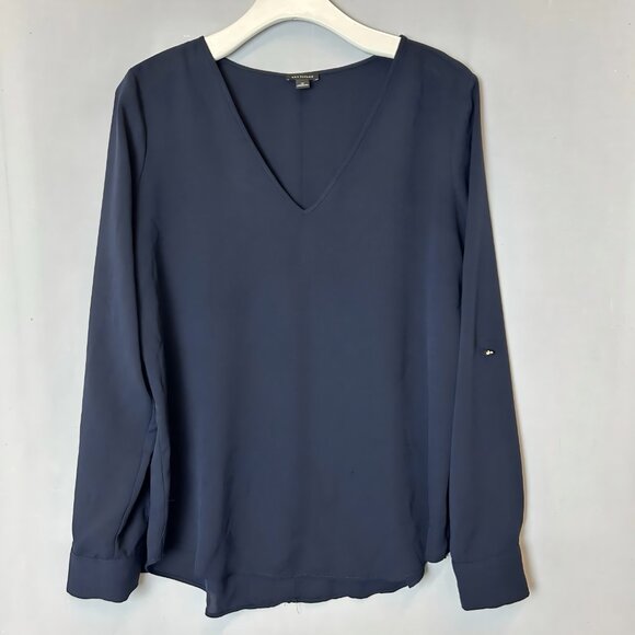 Ann Taylor Tops - Ann Taylor Roll Tab Long Sleeve V-Neck Blouse Women's Size Medium Navy